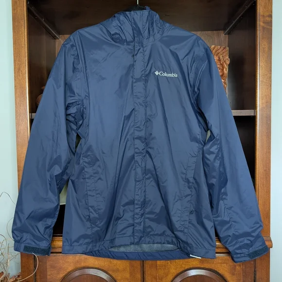 Columbia Blue Rain Jacket with Hood and Water-Resistant Material Size Small